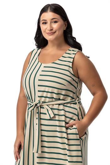 Büyük Beden Kalın Askılı Cepli Kuşaklı Asimetrik Zümrüt Yeşili Çizgili Elbise 