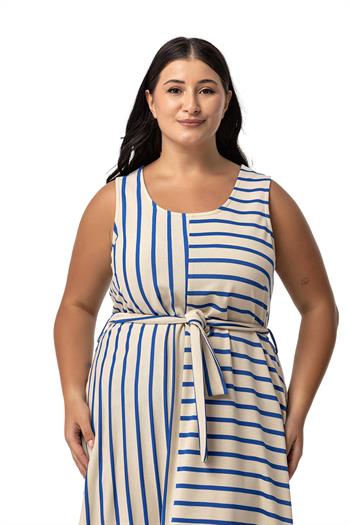 Büyük Beden Kalın Askılı Cepli Kuşaklı Asimetrik Saks Mavi Çizgili Elbise 