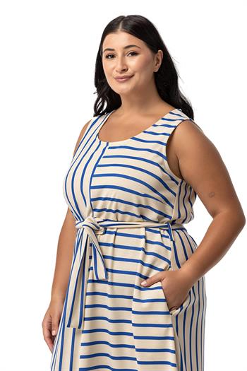 Büyük Beden Kalın Askılı Cepli Kuşaklı Asimetrik Saks Mavi Çizgili Elbise 