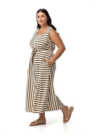 Büyük Beden Kalın Askılı Cepli Kuşaklı Asimetrik Siyah Çizgili Elbise 