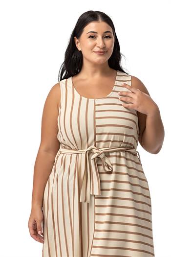 Büyük Beden Kalın Askılı Cepli Kuşaklı Asimetrik Vizon Çizgili Elbise 