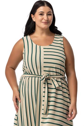 Büyük Beden Kalın Askılı Cepli Kuşaklı Asimetrik Zümrüt Yeşili Çizgili Elbise 