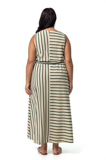 Büyük Beden Kalın Askılı Cepli Kuşaklı Asimetrik Zümrüt Yeşili Çizgili Elbise 