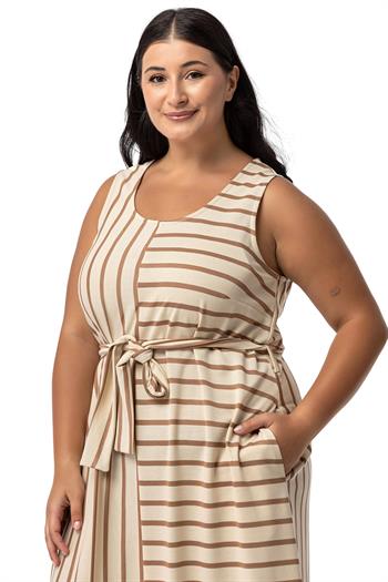 Büyük Beden Kalın Askılı Cepli Kuşaklı Asimetrik Vizon Çizgili Elbise 