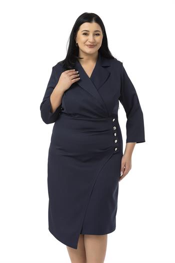 Büyük Beden Kruvaze Ceket Yaka Süs Düğme Detaylı Truvakar Kol Lacivert Elbise