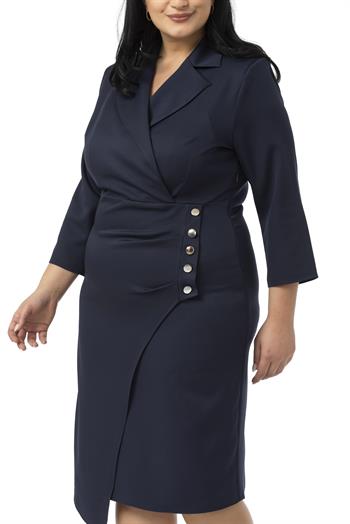Büyük Beden Kruvaze Ceket Yaka Süs Düğme Detaylı Truvakar Kol Lacivert Elbise