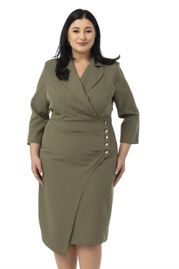 Büyük Beden Kruvaze Ceket Yaka Süs Düğme Detaylı Truvakar Kol Haki Elbise