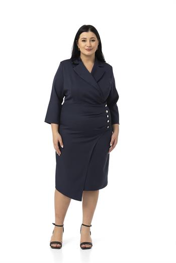 Büyük Beden Kruvaze Ceket Yaka Süs Düğme Detaylı Truvakar Kol Lacivert Elbise