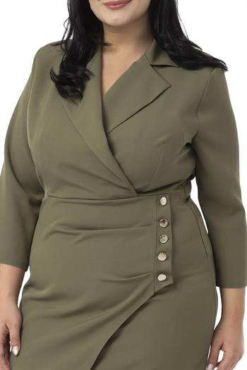 Büyük Beden Kruvaze Ceket Yaka Süs Düğme Detaylı Truvakar Kol Haki Elbise