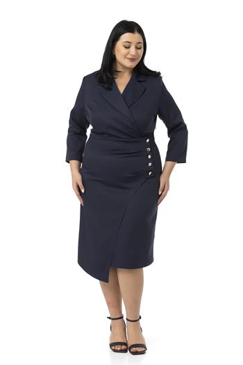 Büyük Beden Kruvaze Ceket Yaka Süs Düğme Detaylı Truvakar Kol Lacivert Elbise