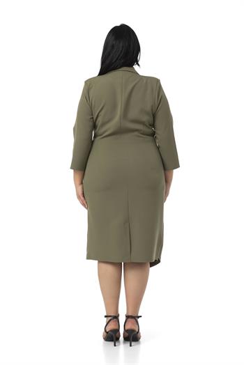 Büyük Beden Kruvaze Ceket Yaka Süs Düğme Detaylı Truvakar Kol Haki Elbise