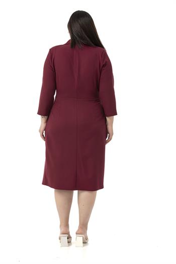Büyük Beden Kruvaze Yaka Truvakar Kol Pileli Midi Bordo Elbise