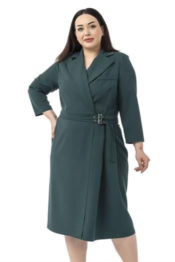 Büyük Beden Kruvaze Yaka Truvakar Kol Pileli Midi Zümrüt Yeşili Elbise