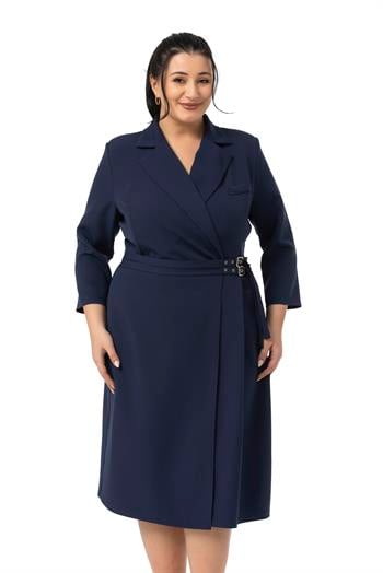 Büyük Beden Kruvaze Yaka Truvakar Kol Pileli Midi Lacivert Elbise
