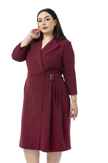 Büyük Beden Kruvaze Yaka Truvakar Kol Pileli Midi Bordo Elbise
