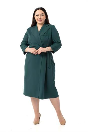 Büyük Beden Kruvaze Yaka Truvakar Kol Pileli Midi Zümrüt Yeşili Elbise