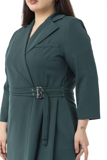 Büyük Beden Kruvaze Yaka Truvakar Kol Pileli Midi Zümrüt Yeşili Elbise