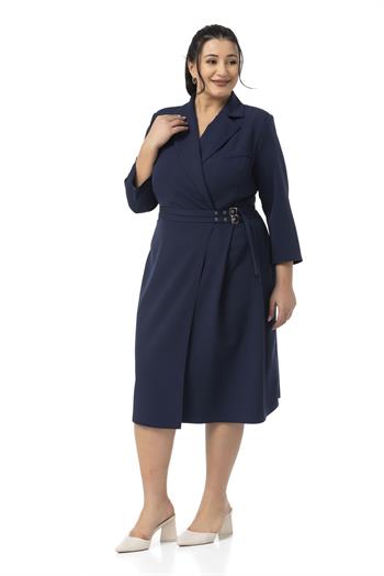 Büyük Beden Kruvaze Yaka Truvakar Kol Pileli Midi Lacivert Elbise