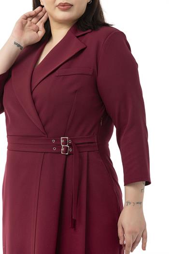 Büyük Beden Kruvaze Yaka Truvakar Kol Pileli Midi Bordo Elbise