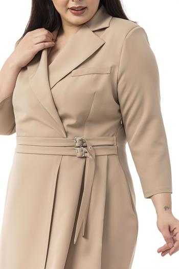 Büyük Beden Kruvaze Yaka Truvakar Kol Pileli Midi Vizon Elbise