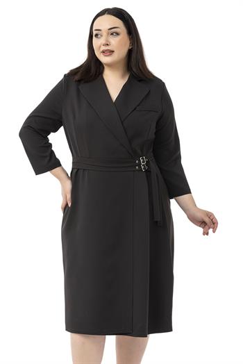 Büyük Beden Kruvaze Yaka Truvakar Kol Pileli Midi Siyah Elbise