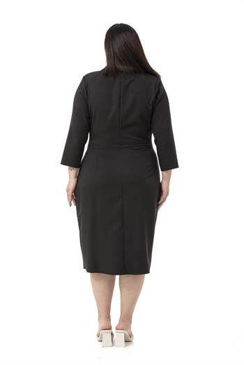 Büyük Beden Kruvaze Yaka Truvakar Kol Pileli Midi Siyah Elbise