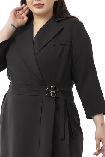 Büyük Beden Kruvaze Yaka Truvakar Kol Pileli Midi Siyah Elbise