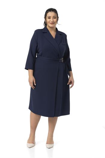 Büyük Beden Kruvaze Yaka Truvakar Kol Pileli Midi Lacivert Elbise