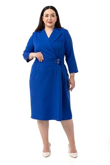 Büyük Beden Kruvaze Yaka Truvakar Kol Pileli Midi Saks Mavi Elbise