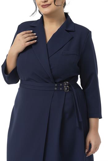 Büyük Beden Kruvaze Yaka Truvakar Kol Pileli Midi Lacivert Elbise