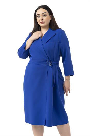 Büyük Beden Kruvaze Yaka Truvakar Kol Pileli Midi Saks Mavi Elbise