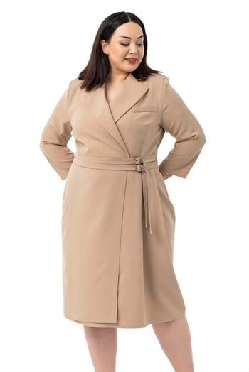 Büyük Beden Kruvaze Yaka Truvakar Kol Pileli Midi Vizon Elbise