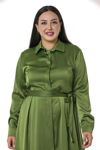 Büyük Beden Önden Düğmeli Uzun Kollu Kuşak Detaylı Saten Kumaş Yeşil Elbise
