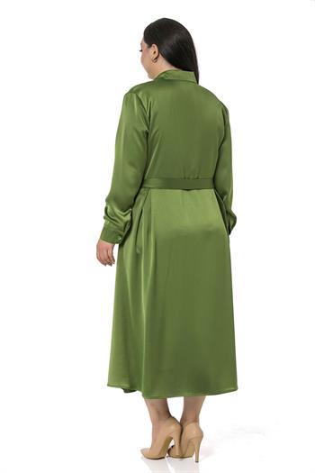 Büyük Beden Önden Düğmeli Uzun Kollu Kuşak Detaylı Saten Kumaş Yeşil Elbise