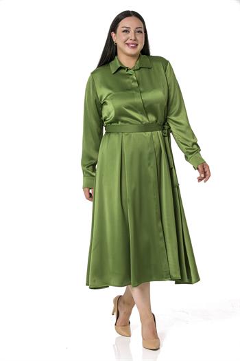 Büyük Beden Önden Düğmeli Uzun Kollu Kuşak Detaylı Saten Kumaş Yeşil Elbise