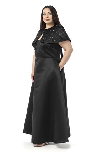 Büyük Beden Sırt Dekolteli Kısa Pelerinli Abiye Siyah Elbise