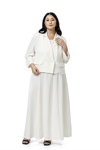 Büyük Beden Sırtı Gipeli Yanlarda Cepli Kolsuz Uzun Beyaz Elbise  