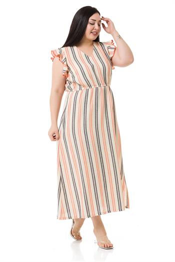 Büyük Beden V Yaka Çizgi Desenli Pamuk Keten Kumaş Kolları Fırfırlı Eteği Yırtmaçlı Krem Elbise
