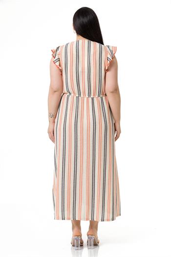 Büyük Beden V Yaka Çizgi Desenli Pamuk Keten Kumaş Kolları Fırfırlı Eteği Yırtmaçlı Krem Elbise