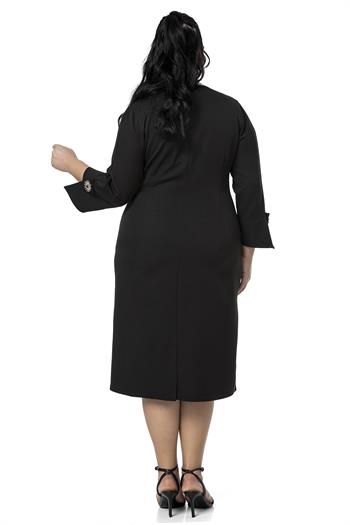 Büyük Beden V Yaka Kolda Broş ve Şifon Bant Detaylı Midi Siyah Elbise 