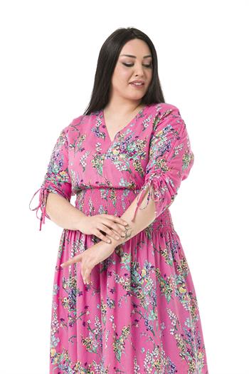 Büyük Beden V Yakalı Kolları Bağcık Detaylı Beli Gipeli Pembe Elbise
