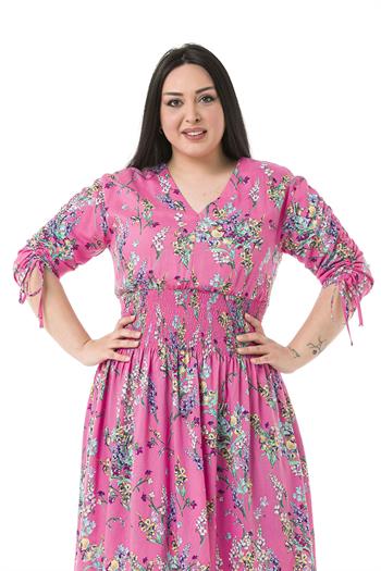 Büyük Beden V Yakalı Kolları Bağcık Detaylı Beli Gipeli Pembe Elbise