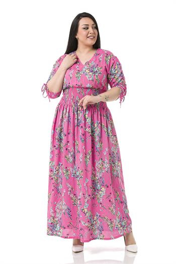 Büyük Beden V Yakalı Kolları Bağcık Detaylı Beli Gipeli Pembe Elbise