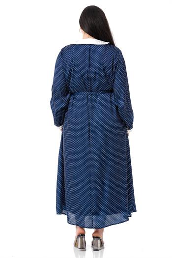 Büyük Beden Yaka ve Manşet Detaylı Cepli Kuşaklı Puantiyeli Saten Uzun Lacivert Elbise