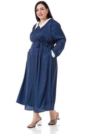 Büyük Beden Yaka ve Manşet Detaylı Cepli Kuşaklı Puantiyeli Saten Uzun Lacivert Elbise