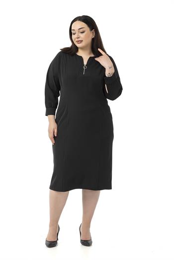 Büyük Beden Yakası Fermuar Detaylı Torba Cepli Truvakar Kol Midi Siyah Elbise 