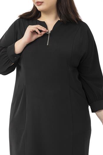 Büyük Beden Yakası Fermuar Detaylı Torba Cepli Truvakar Kol Midi Siyah Elbise 