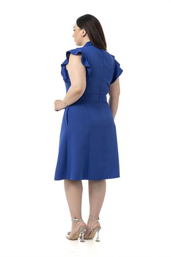 Büyük Beden Yakası Fularlı Kolları Volanlı Midi Saks Mavi Elbise 