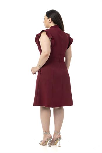 Büyük Beden Yakası Fularlı Kolları Volanlı Midi Bordo Elbise 