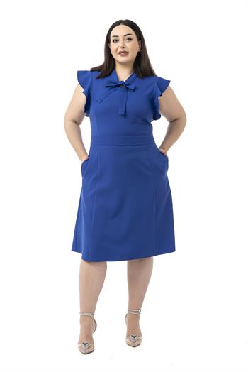 Büyük Beden Yakası Fularlı Kolları Volanlı Midi Saks Mavi Elbise 